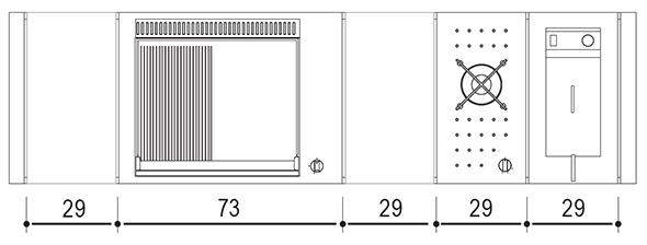 Schéma et dimensions des modules encastrés sur Table Oasi 205C Planet