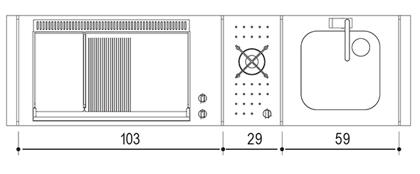 Schéma et dimensions des modules encastrés sur la table Oasi 205C Planet