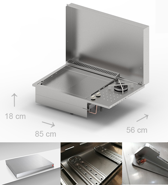 Caractéristiques de la Plancha gaz inox Planet Oasi 55 lisse rainurée feu dual