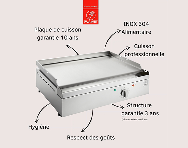 Caractéristiques de la plancha électrique Chef 55 Planet en inox