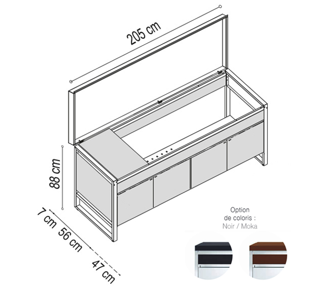 Schéma et dimensions de la table Oasi 205C avec capot ouvert