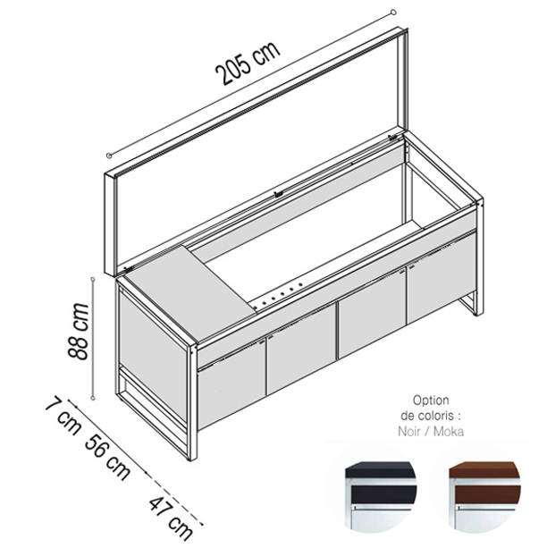 Schéma et dimensions de la table Oasi 205C avec couvercle ouvert Planet