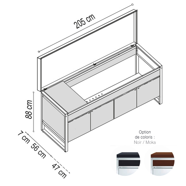 Schéma de la table Oasi avec couvercle ouvert et dimensions