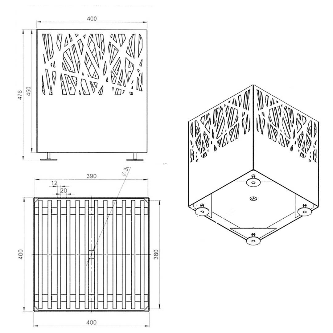 Caractéristiques schéma du brasero en acier corten carré Bambou