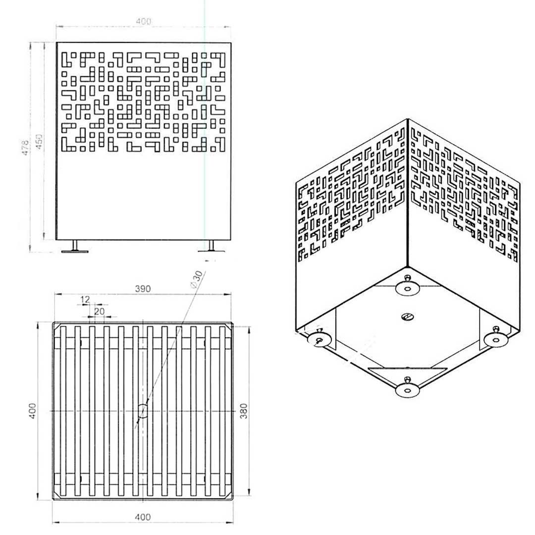 Caractéristiques schéma du brasero en acier corten carré tetris
