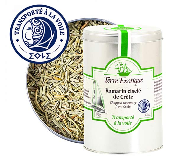 Vue sur le pot d'épices de romarin ciselé de Crète de Terre Exotique