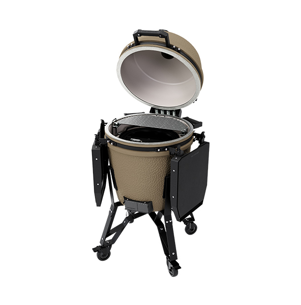 Vue couvercle ouvert sur le barbecue kamado Pro Large Complete Desert Sand de The bastard