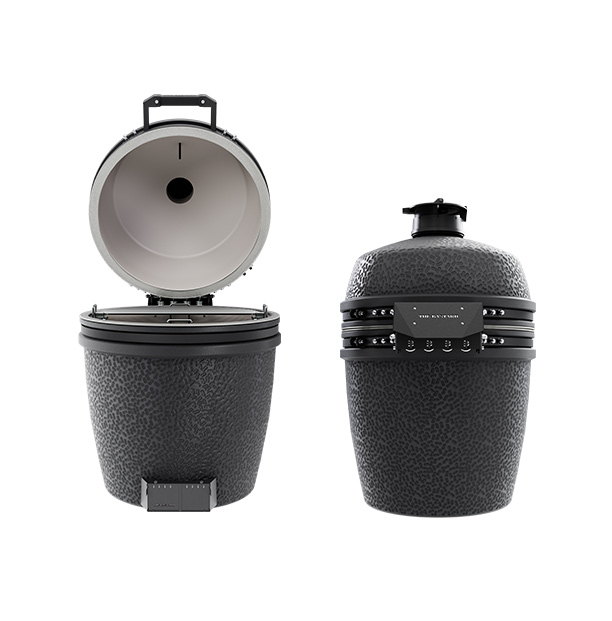 Barbecue kamado PRO Large Solo Graphite vue de dos et couvercle ouvert