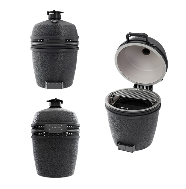 Barbecue kamado PRO Large Solo Graphite vue de dos, de face et couvercle ouvert