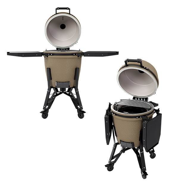 Vue couvercle ouvert sur le barbecue kamado Pro Large Complete Desert Sand de The bastard