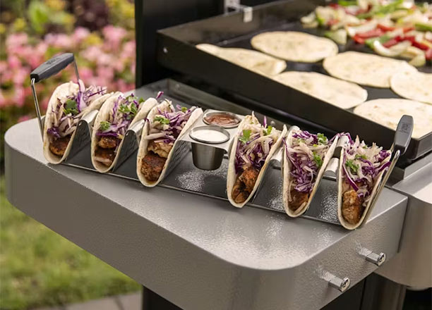 Support à tacos Weber en inox avec pots de sauce