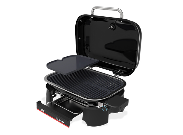 Barbecue électrique Weber Lumin ouvert avec grilles et plancha
