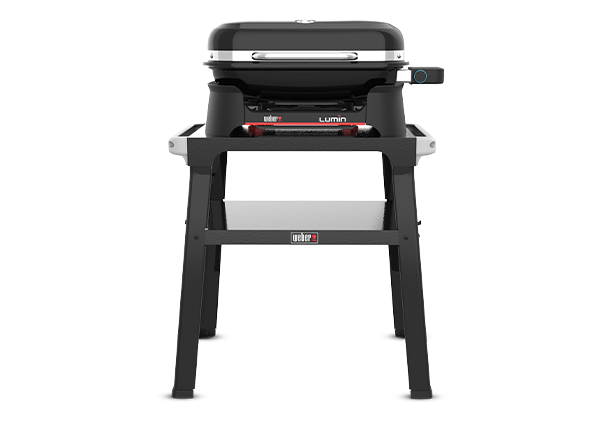 Barbecue électrique Weber Lumin sur stand noir avec plancha