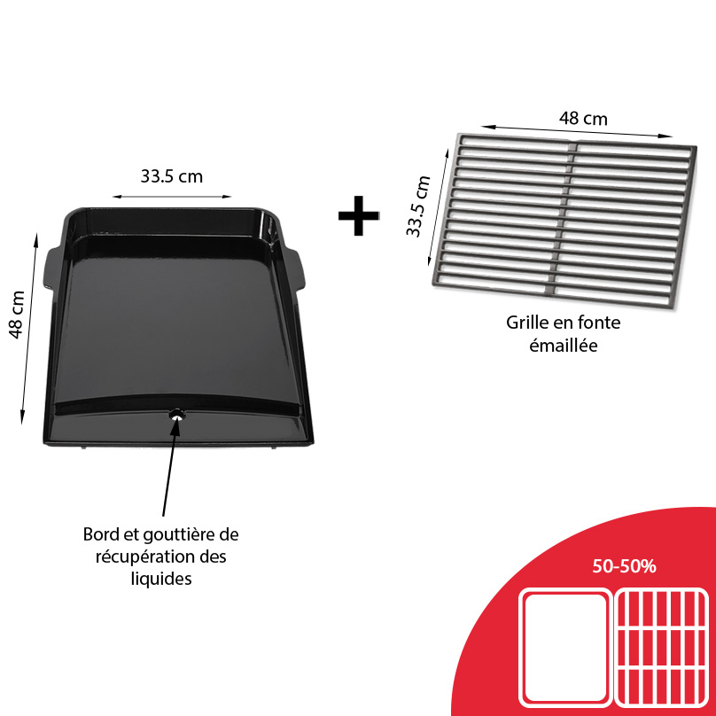 Caractéristiques et dimensions de la plancha en fonte émaillée et grille pour Genesis II 3 brûleurs barbecue à gaz