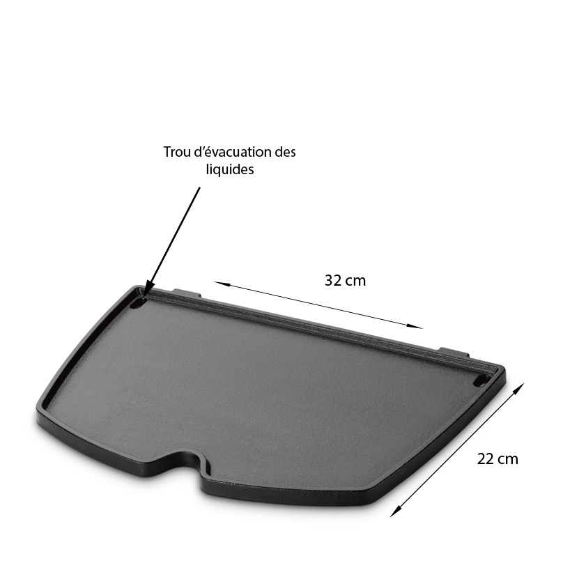 Caractéristiques et dimensions de la plancha en fonte pour Q1000 et Q100 barbecues à gaz Weber